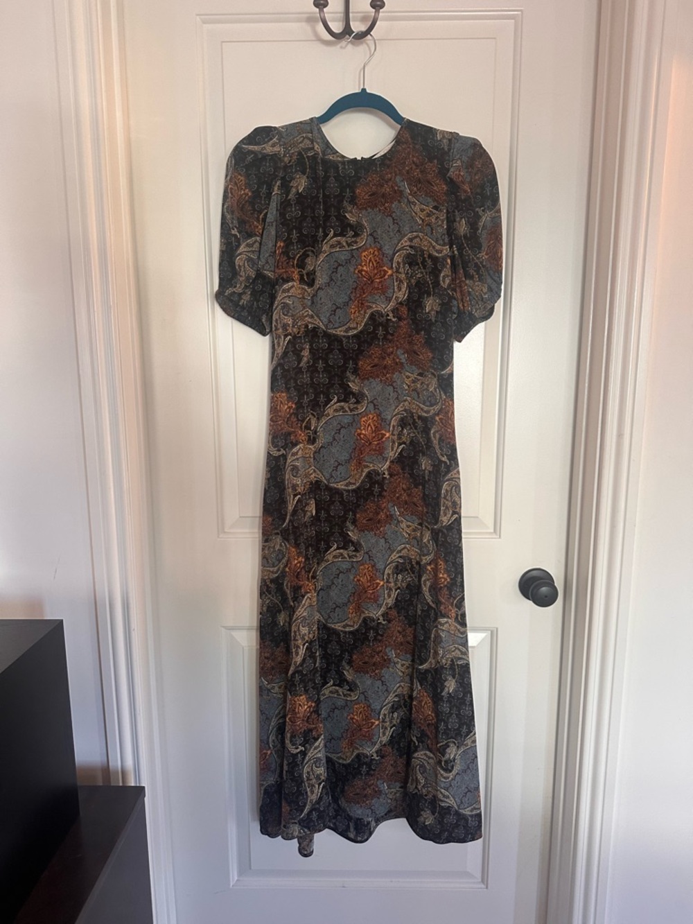 Ulla Johnson Silk Paisley Midi Dress Short Sleeve Boho Brown Blue